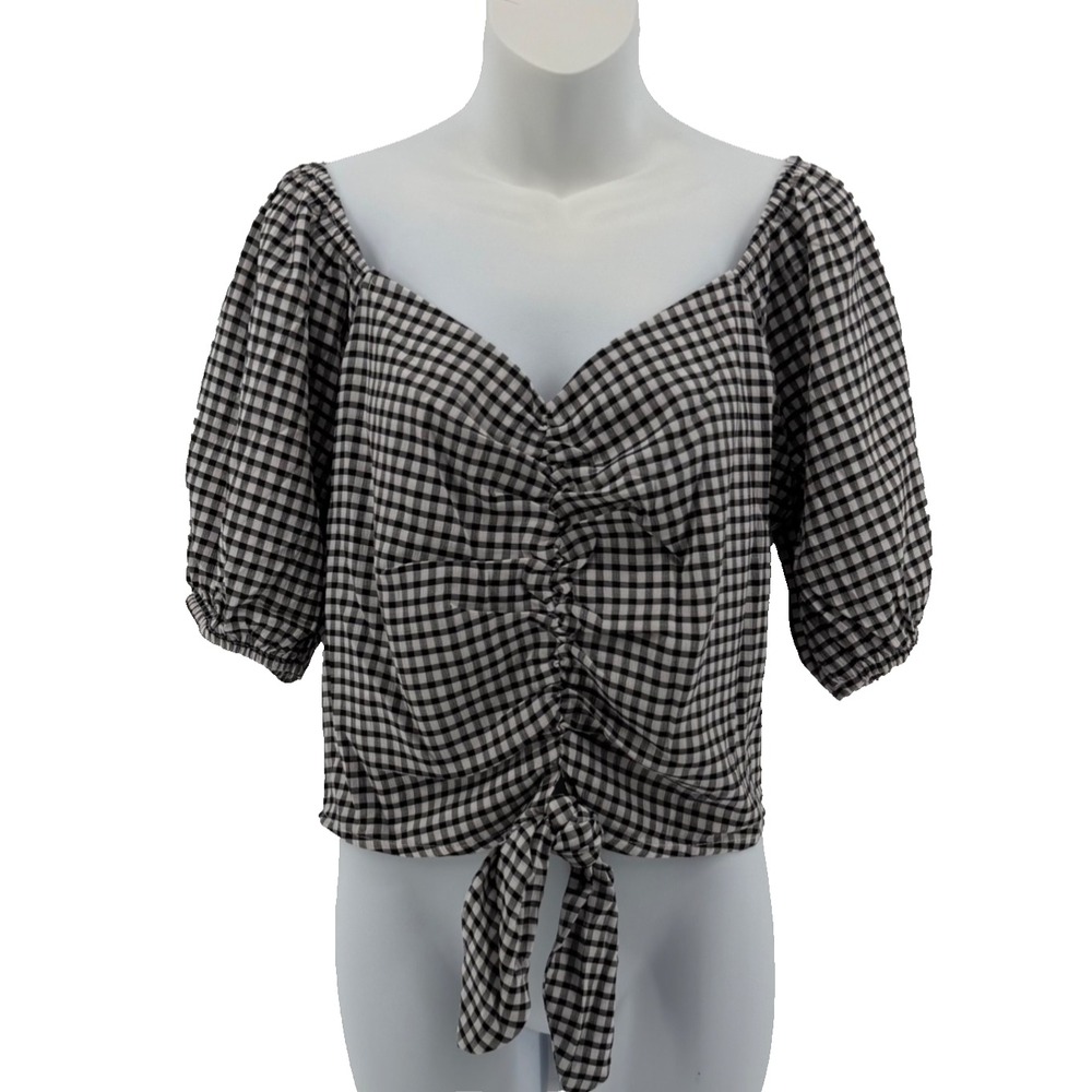 Easel Los Angeles Top Large Black White Gingham Smocked Tie Front Puff Sleeve
